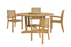 Ambre 5-Piece Round Teak Outdoor Dining Set with Lazy Susan and Stacking Armchairs Outdoor deep seating