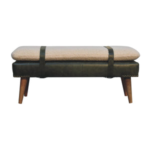 Bouclé Buffalo Hide Olive Green Leather Bench Bench