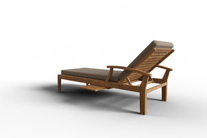 Delaine Teak Outdoor Reclining Sun Lounger with Sunbrella Fawn Cushion and Slide-out Tray Dining Bench Set