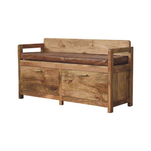 Hardwood Storage Bench with Brown Leather Seat Bench