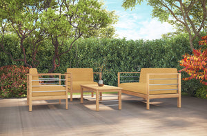 Leon 3-Person Teak Outdoor Sofa with Sunbrella Dupione Cornsilk Cushion Outdoor Chair