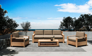 Lothair 4-Piece Teak Outdoor Patio Deep Seating Set with Sunbrella Fawn Cushions Outdoor deep seating