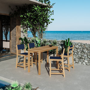 Marais 5-Piece Rectangular Teak Outdoor Counter Height Dining Set in Blue Outdoor Dining Set