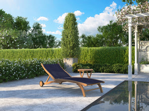 Perrin Teak Outdoor Reclining Chaise Lounger in Blue with Rear Wheels Lounger