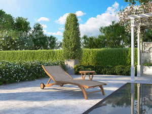 Perrin Teak Outdoor Reclining Chaise Lounger in Taupe with Rear Wheels Lounger