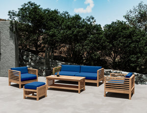 Sylvie 5-Piece Teak Outdoor Patio Deep Seating Set with Subrella True Blue Cushions Outdoor deep seating