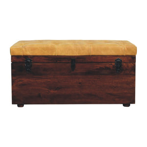 Walnut Storage Trunk Bench with Tan Leather Bench