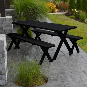 Yellow Pine Cross Legged Picnic Table with 2 Benches Size 6ft, 8ft Picnic Table 6ft / Black Paint / Without Umbrella Hole