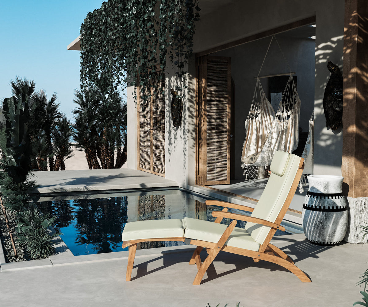 Adelle Teak Outdoor Folding Lounge Deck Chair with Sunbrella Canvas Cushion Chairs