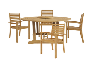 Ambre 5-Piece Round Teak Outdoor Dining Set with Lazy Susan and Stacking Armchairs Outdoor deep seating