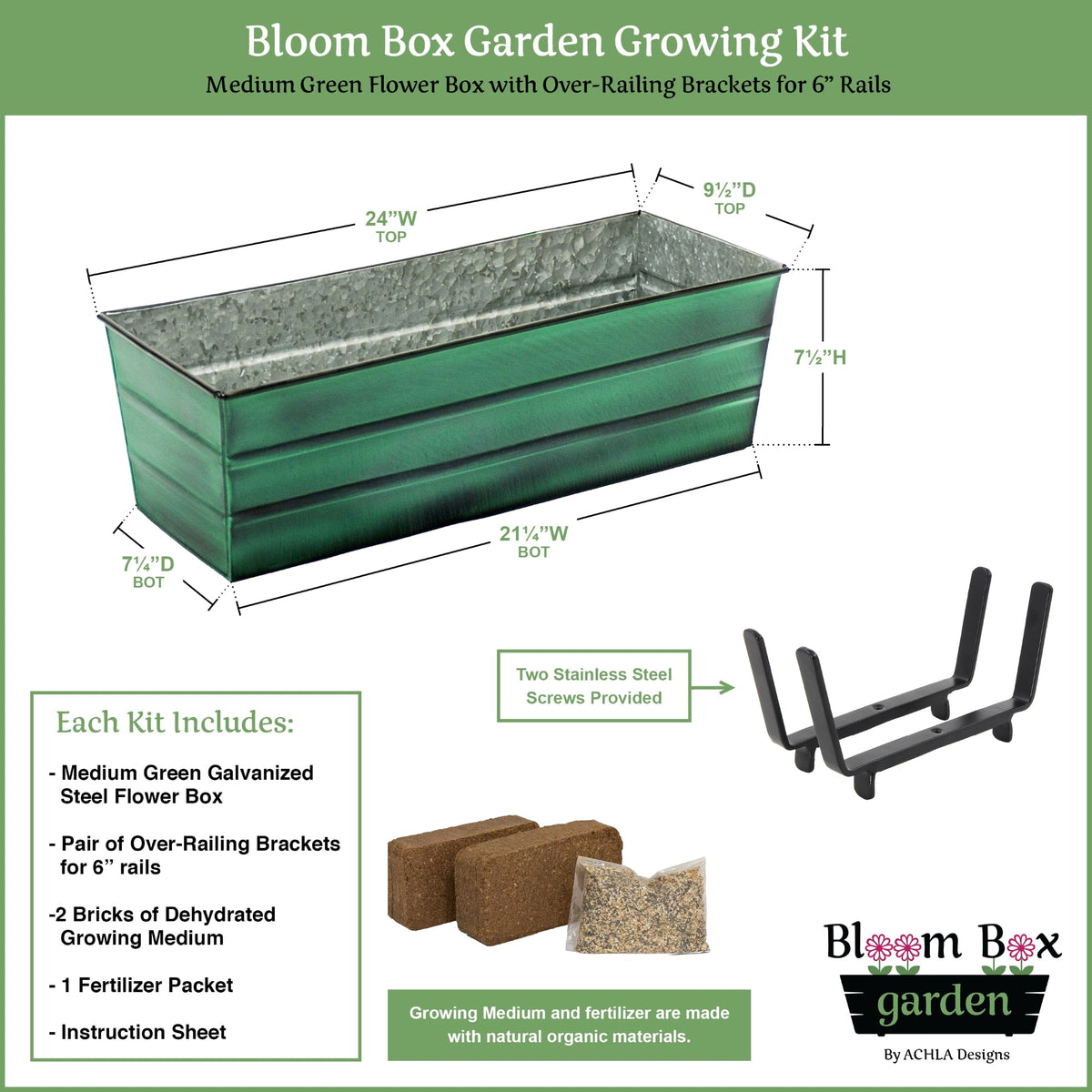 Bloom Box Garden Growing Kit, Medium Green with Clamp-On Brackets Achla Designs