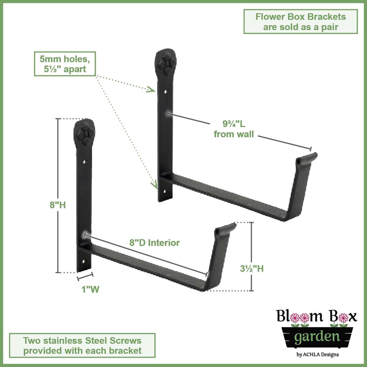 Bloom Box Garden Growing Kit, Medium Green with Wall Brackets Flower Box Brackets