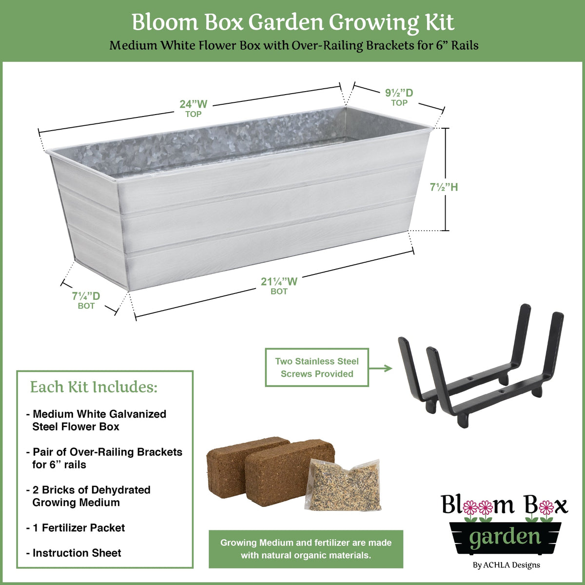 Bloom Box Garden Growing Kit, Medium Green with Brackets for 2 x 6 Railings Achla Designs