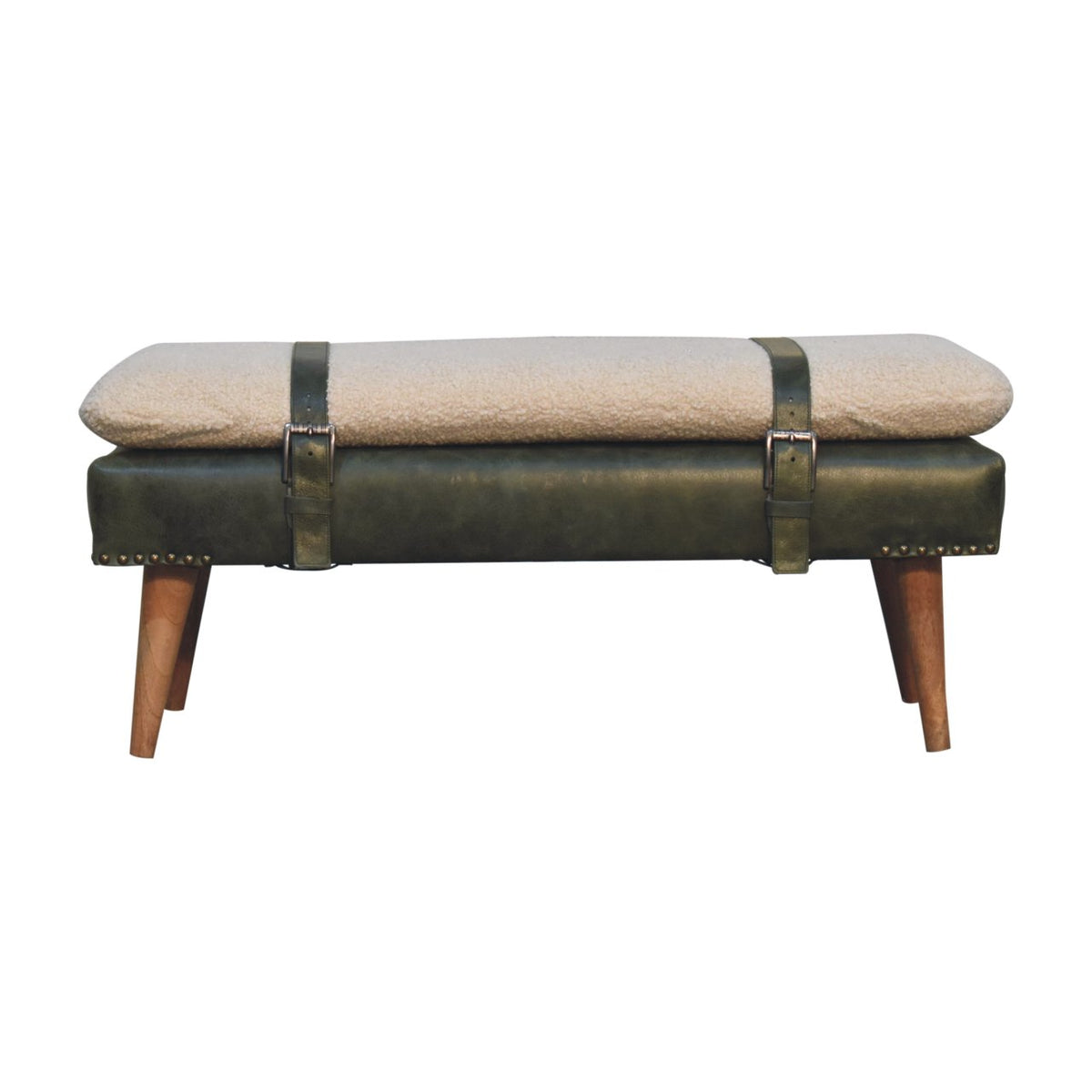 Bouclé  Buffalo Hide Olive Green Leather Bench Bench