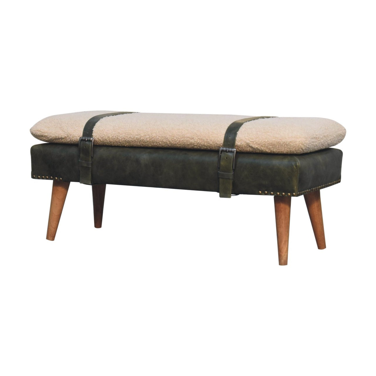 Bouclé  Buffalo Hide Olive Green Leather Bench Bench