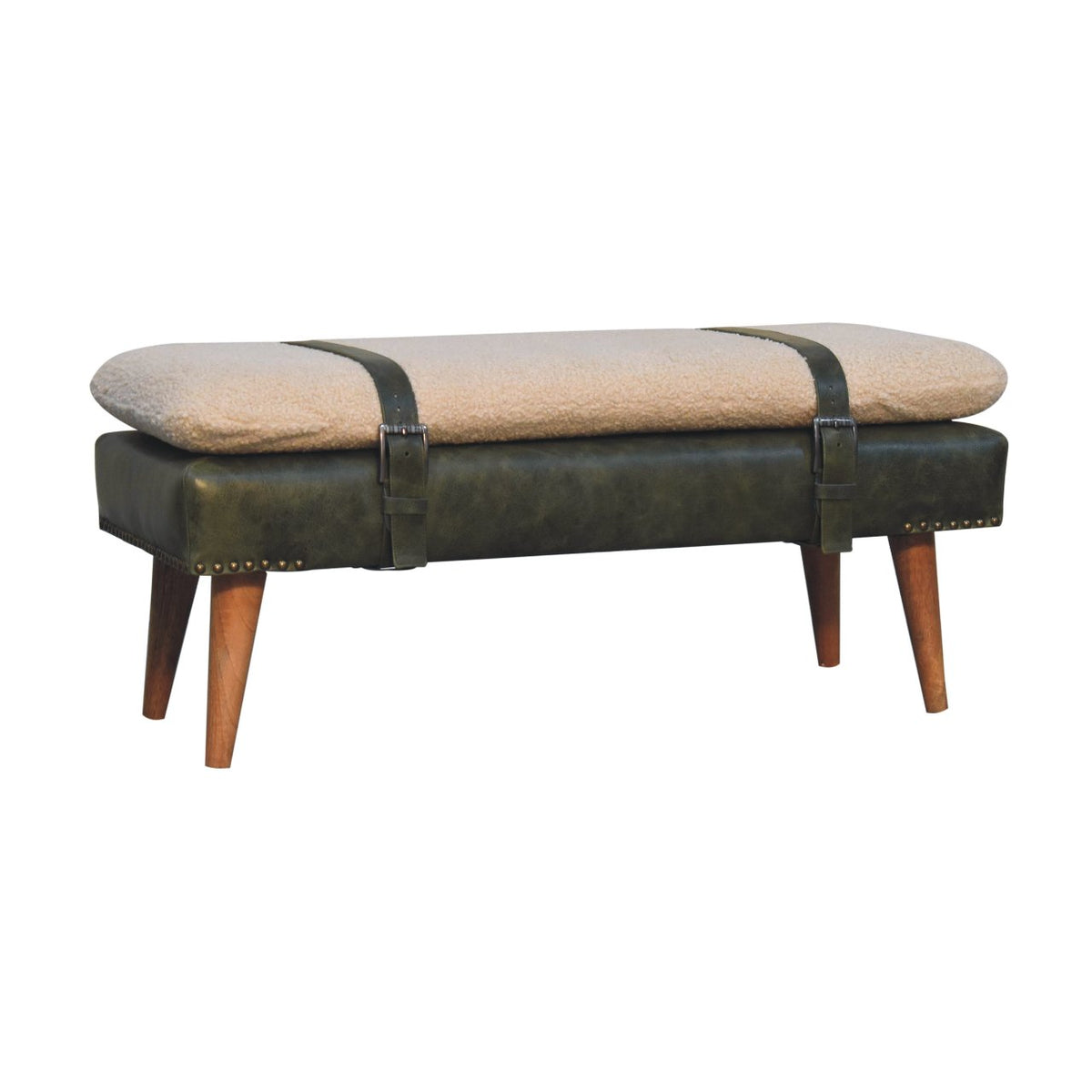 Bouclé  Buffalo Hide Olive Green Leather Bench Bench