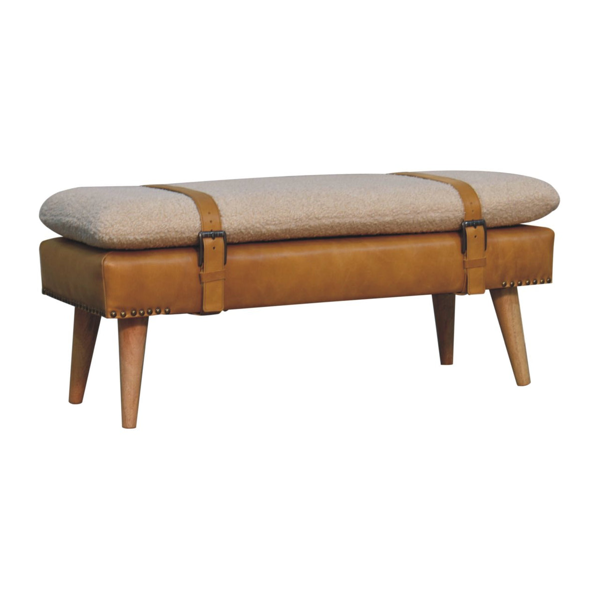 Bouclé Buffalo Hide Tan Leather Bench Bench