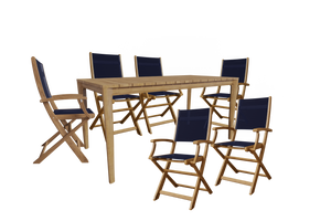 Cateline 7-Piece Rectangular Teak Outdoor Dining Set in Blue with Folding Armchairs Outdoor Dining Set