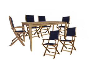 Cateline 7-Piece Rectangular Teak Outdoor Dining Set in Blue with Folding Armchairs Outdoor Dining Set