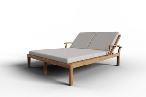 Delaine Double Teak Outdoor Reclining Sun Lounger with Sunbrella Canvas Cushion Dining Bench Set