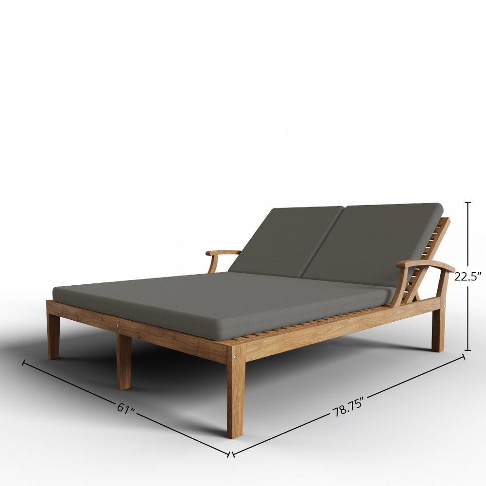 Delaine Double Teak Outdoor Reclining Sun Lounger with Sunbrella Charcoal Cushion Dining Bench Set