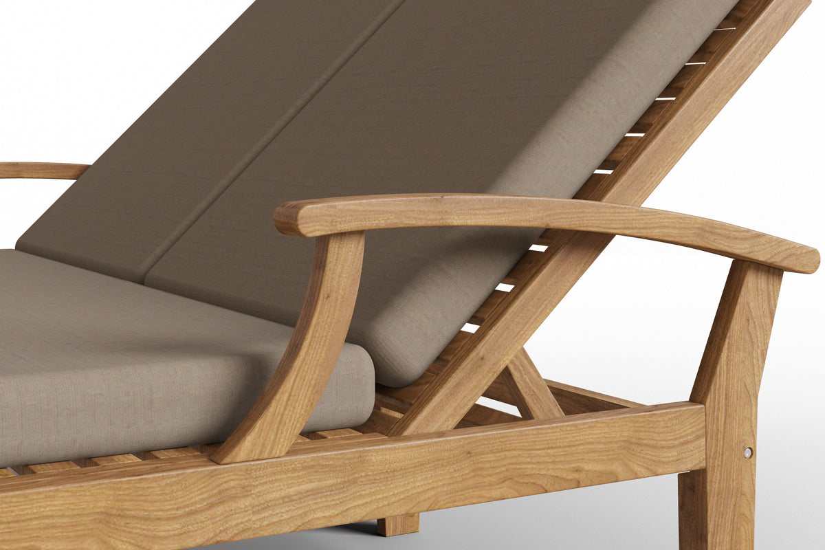 Delaine Double Teak Outdoor Reclining Sun Lounger with Sunbrella Fawn Cushion Dining Bench Set