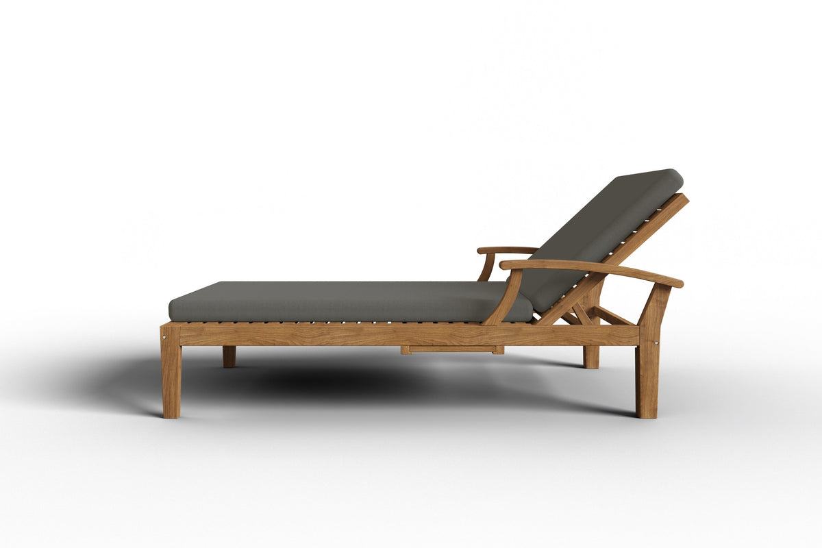 Delaine Teak Outdoor Reclining Sun Lounger with Sunbrella Charcoal Cushion and Slide-out Tray Dining Bench Set