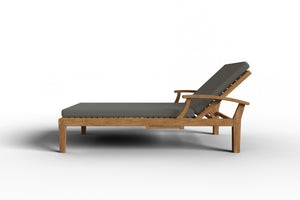 Delaine Teak Outdoor Reclining Sun Lounger with Sunbrella Charcoal Cushion and Slide-out Tray Dining Bench Set