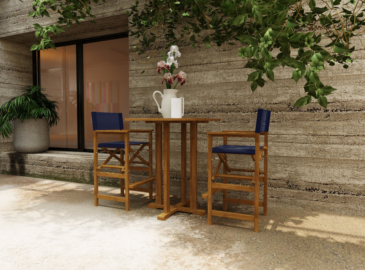 Directeur 3-Piece Square Teak Outdoor Bar Height Dining Set in Blue with Folding Armchairs Outdoor Dining Set