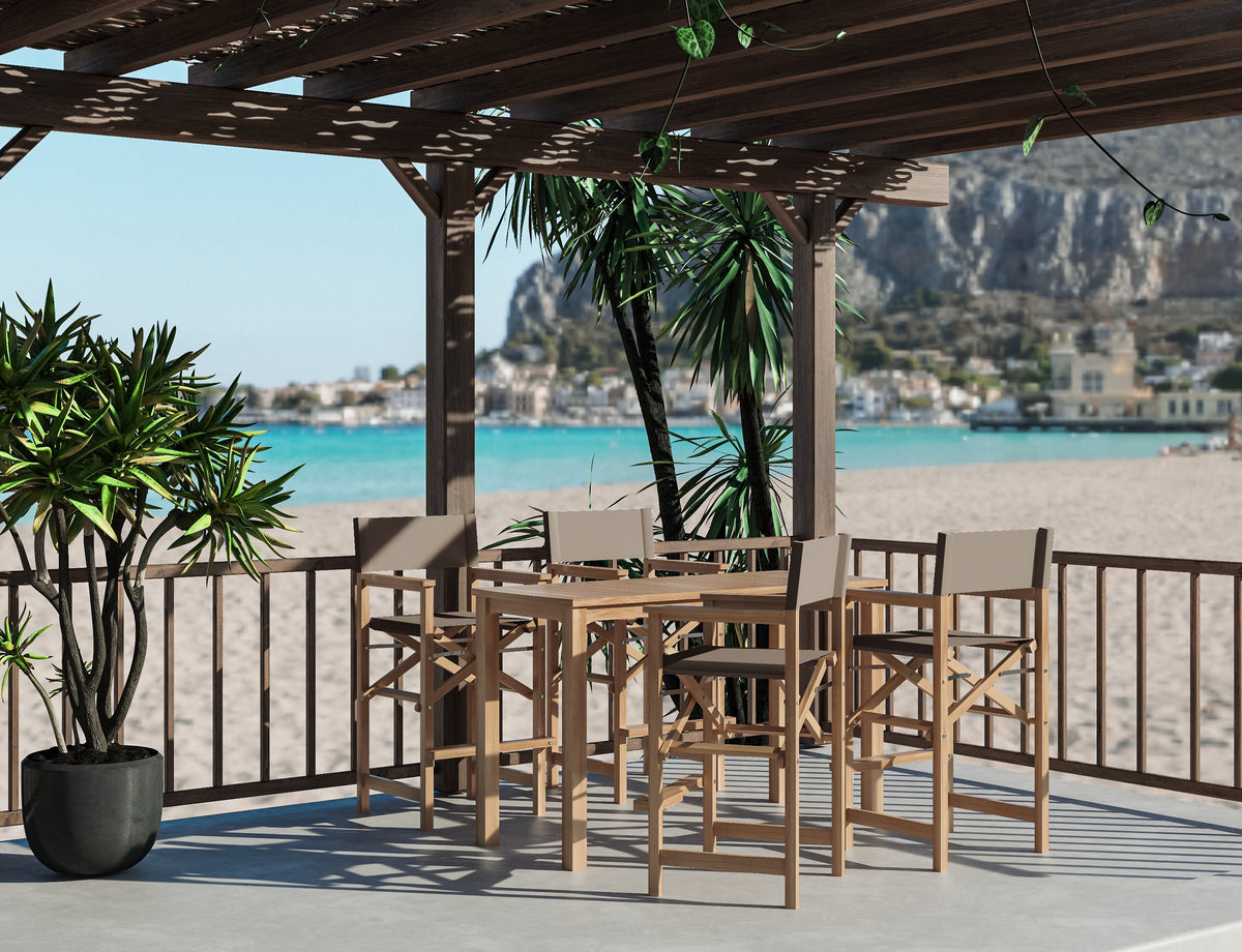 Directeur 5-Piece Rectangular Teak Outdoor Counter Height Dining Set in Taupe with Folding Armchairs Outdoor Dining Set