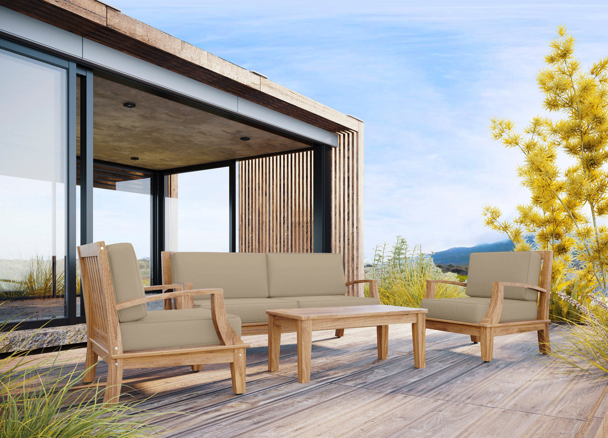 Eliane 4-Piece Teak Outdoor Patio Deep Seating Set with Sunbrella Fawn Cushions Outdoor deep seating