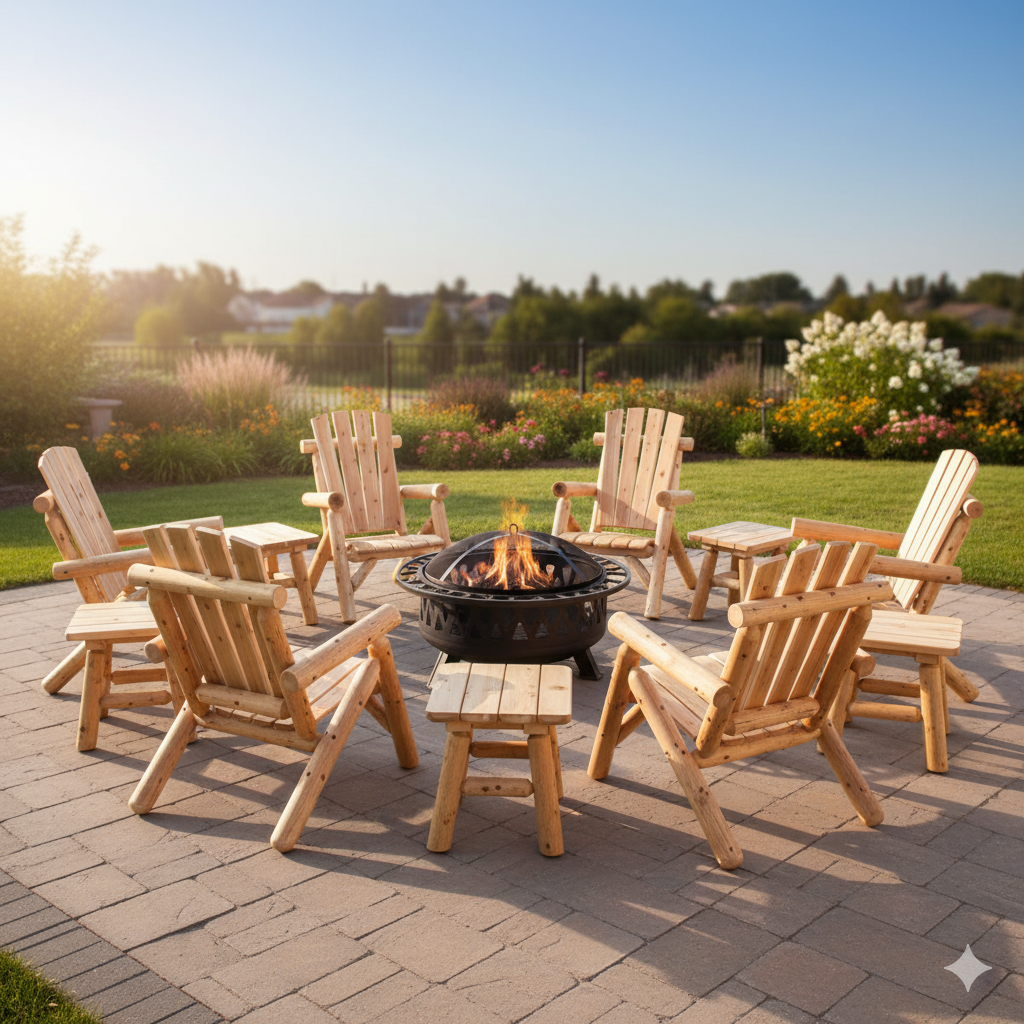 Fire Pit Combo, Lawn Chairs (6), End Tables (3) Outdoor Chair Unfinished