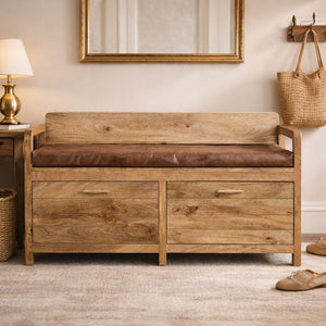 Hardwood Storage Bench with Brown Leather Seat Bench