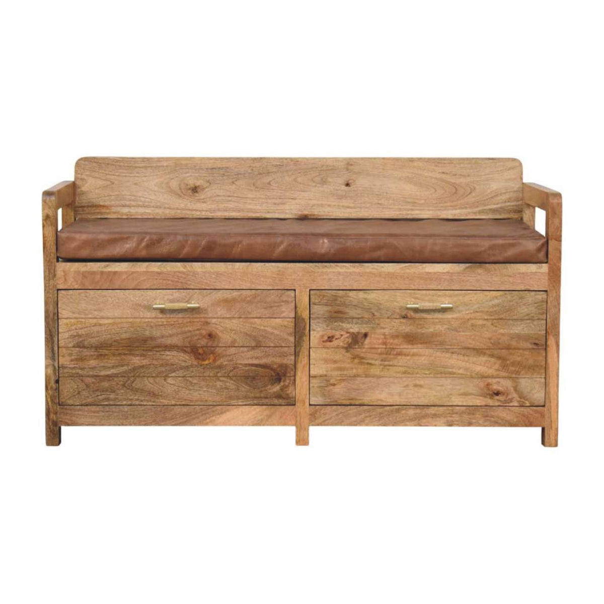 Hardwood Storage Bench with Brown Leather Seat Bench