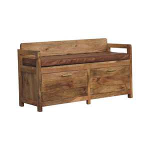 Hardwood Storage Bench with Brown Leather Seat Bench