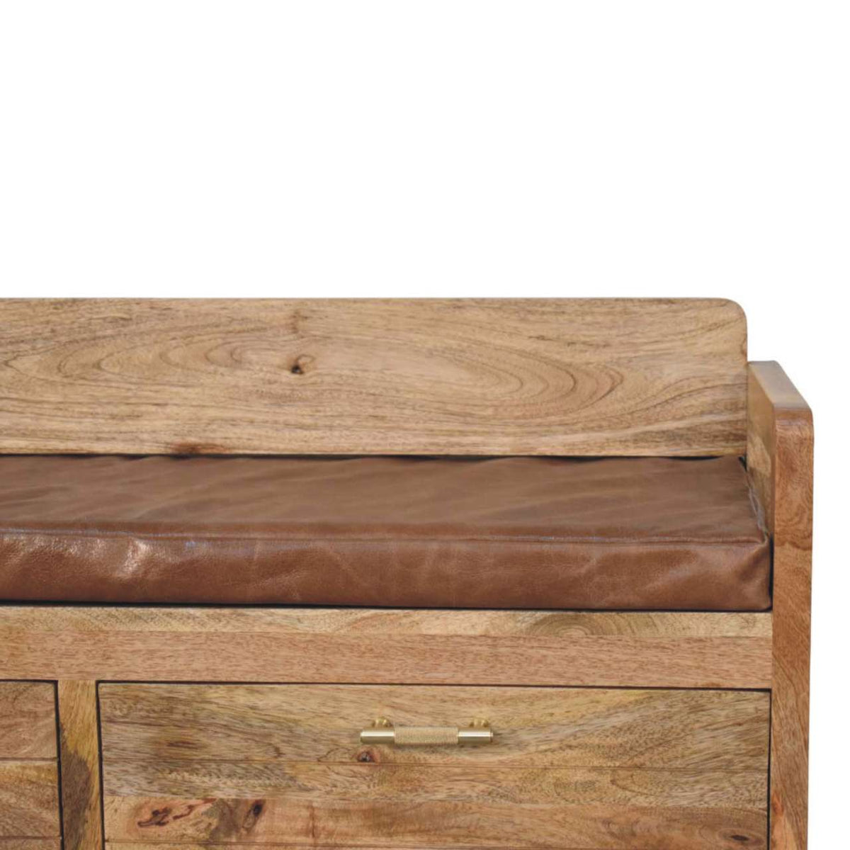 Hardwood Storage Bench with Brown Leather Seat Bench