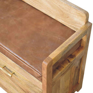 Hardwood Storage Bench with Brown Leather Seat Bench