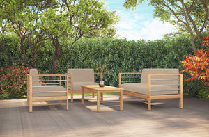 Leon 4-Piece Teak Outdoor Patio Deep Seating Set with Sunbrella Fawn Cushions Outdoor deep seating