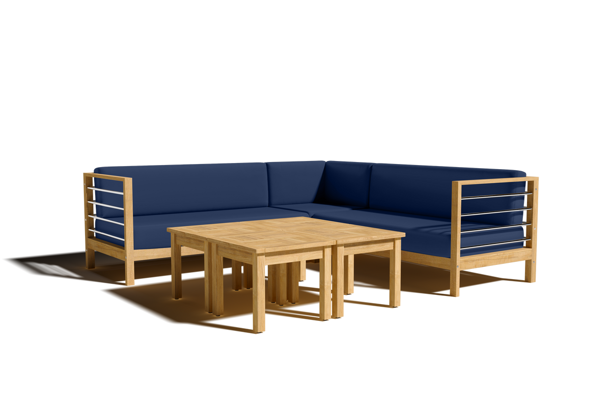 Leon 7-piece Teak Outdoor Sectional Deep Seating Set with Sunbrella Navy Cushions Outdoor deep seating