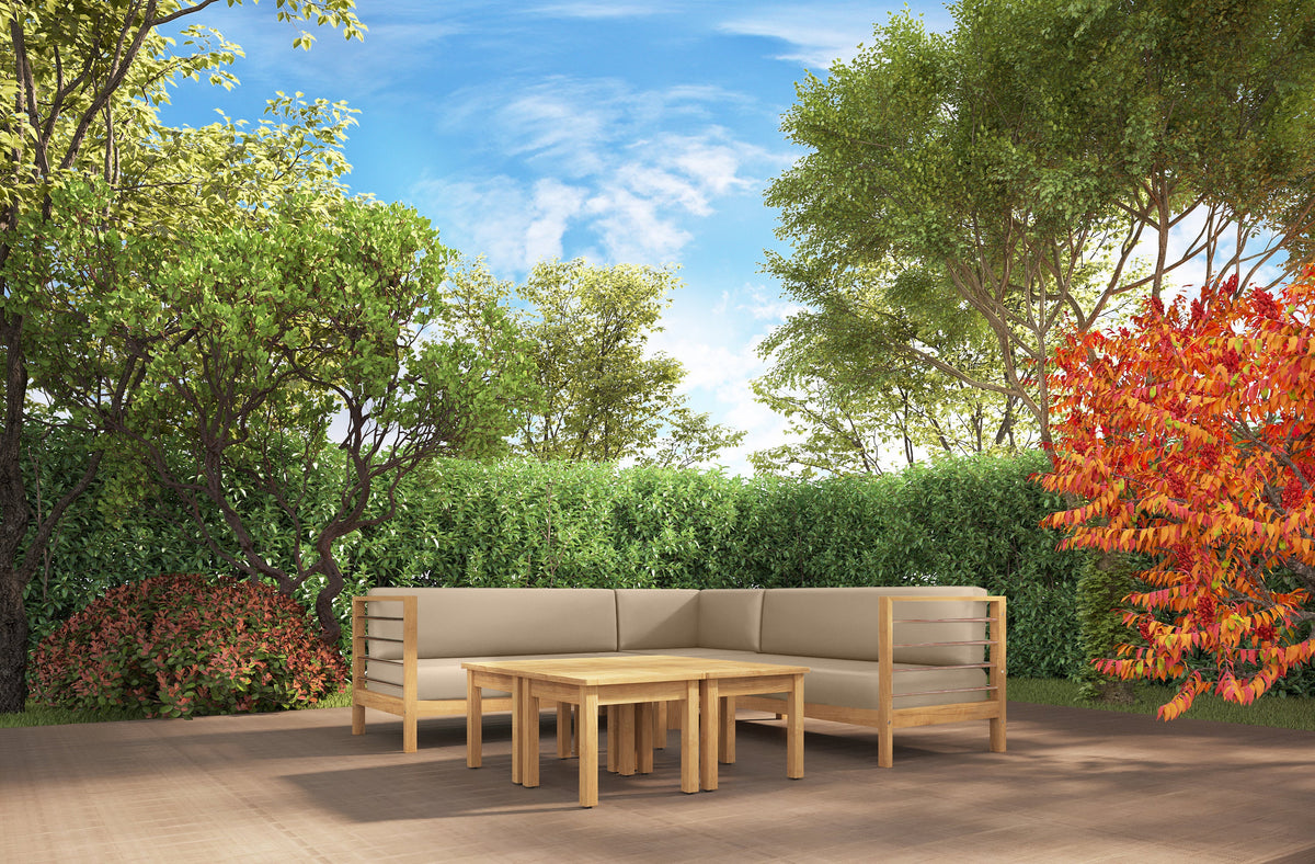 Leon Teak Outdoor Sectional Left Sofa with Sunbrella Fawn Cushion Outdoor Chair