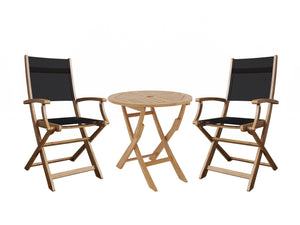 Lucas 3-Piece Round Teak Outdoor Bistro Set in Black with Folding Table and Armchairs Outdoor Lounge Set