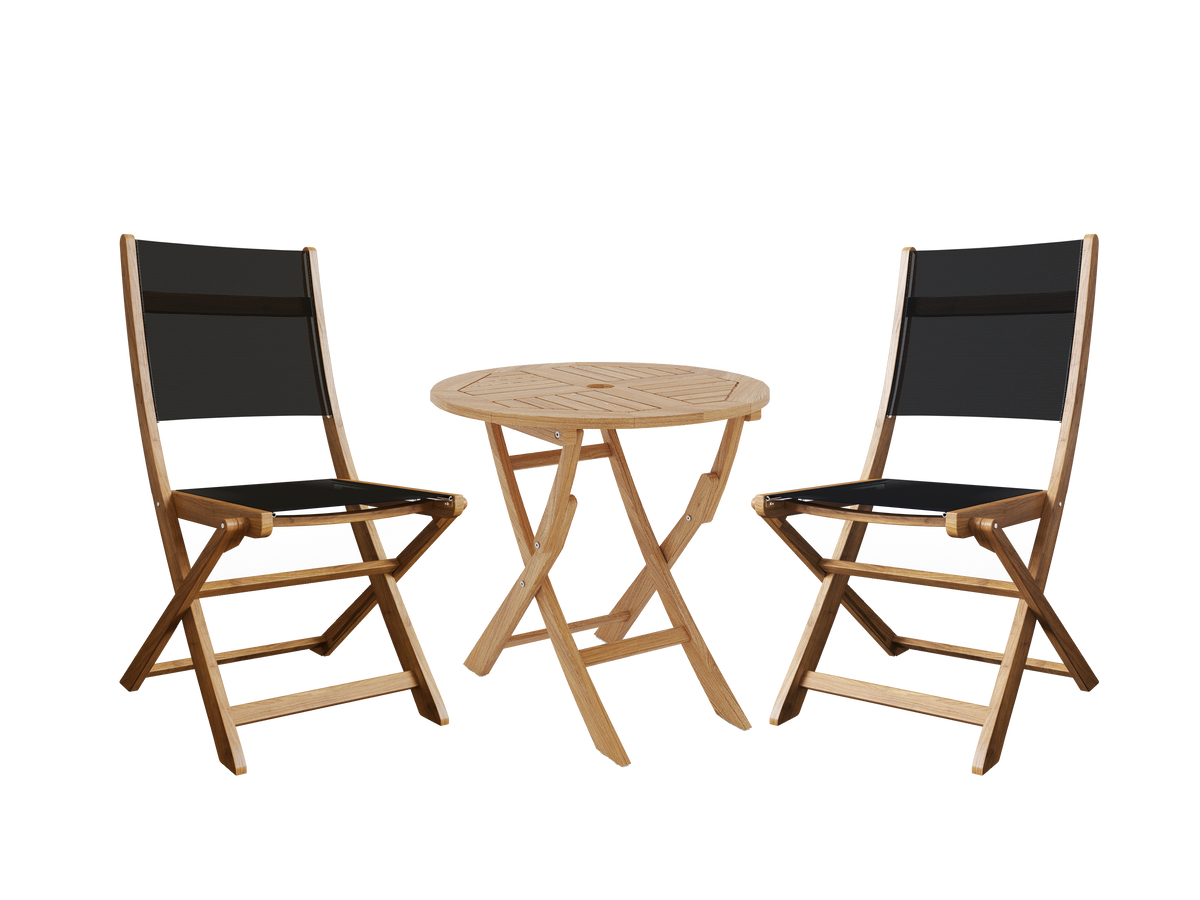 Lucas 3-Piece Round Teak Outdoor Bistro Set in Black with Folding Table and Chairs Bistro Set
