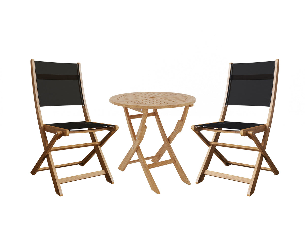 Lucas 3-Piece Round Teak Outdoor Bistro Set in Black with Folding Table and Chairs Bistro Set
