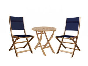 Lucas 3-Piece Round Teak Outdoor Bistro Set in Blue with Folding Table and Chairs Bistro Set