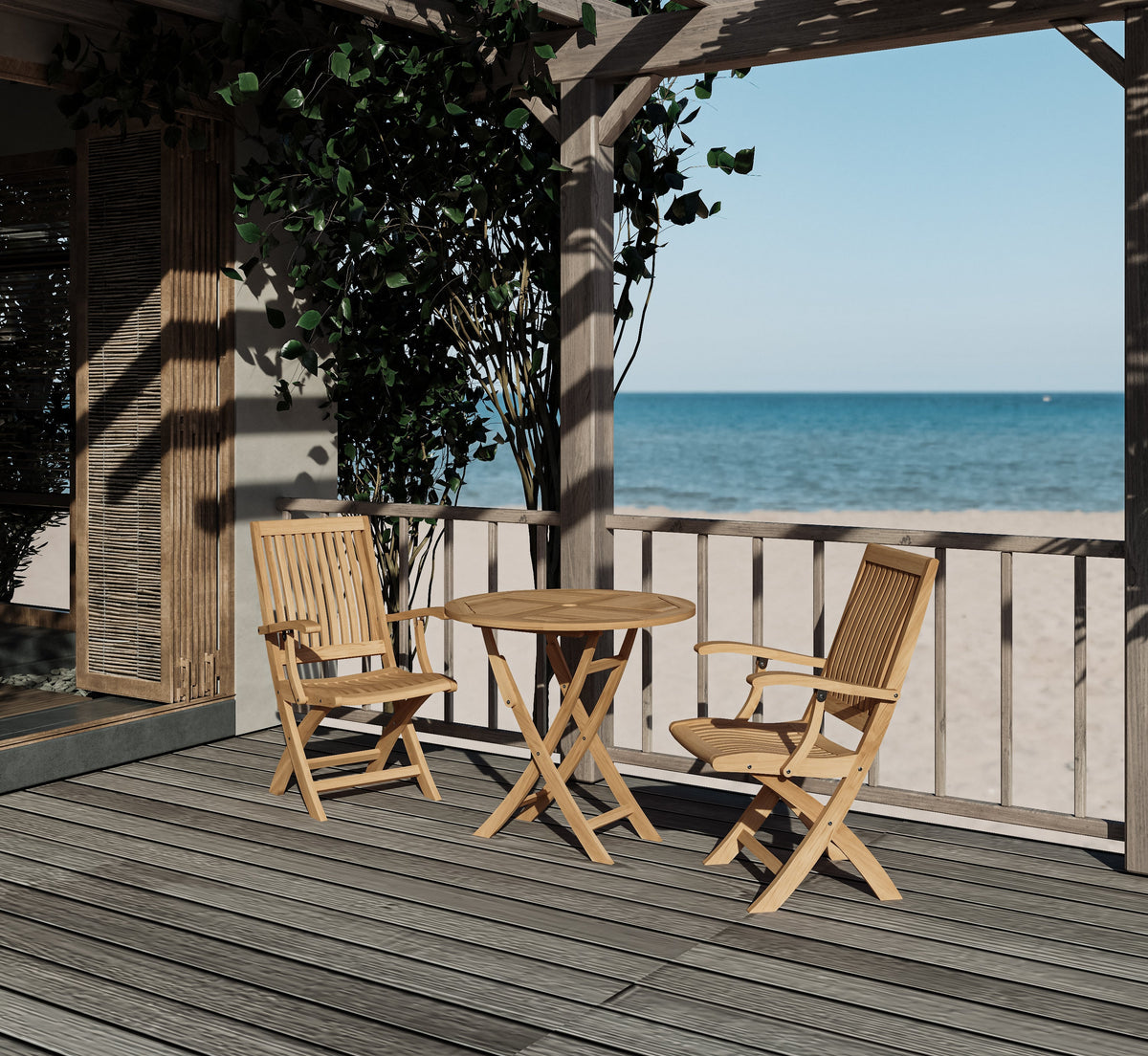 Lydie 3-piece Round Teak Oudoor Bistro Set with Folding Table and Armchairs Outdoor deep seating