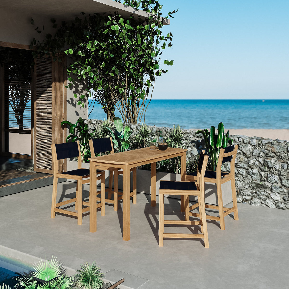 Marais 5-Piece Rectangular Teak Outdoor Counter Height Dining Set in Black Outdoor Dining Set