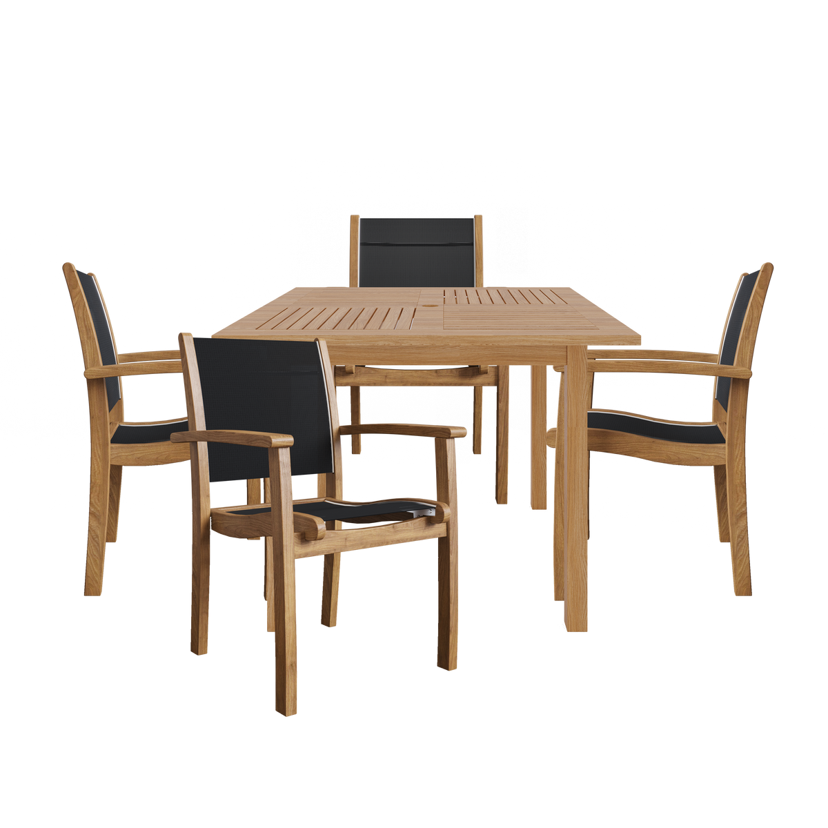 Perrin 5-Piece Square Teak Outdoor Dining Set in Black with Stacking Armchairs Outdoor Dining Set