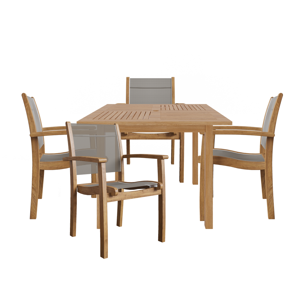 Perrin 5-Piece Square Teak Outdoor Dining Set in Taupe with Stacking Armchairs Outdoor Dining Set