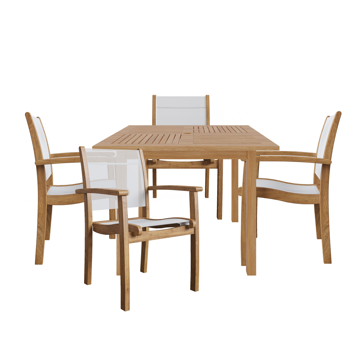 Perrin 5-Piece Square Teak Outdoor Dining Set in White with Stacking Armchairs Outdoor Dining Set