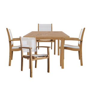 Perrin 5-Piece Square Teak Outdoor Dining Set in White with Stacking Armchairs Outdoor Dining Set